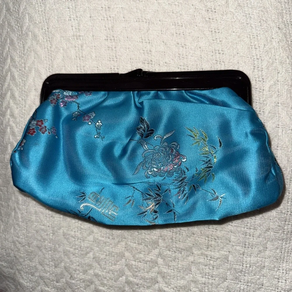 Vintage Kiss Lock Cosmetic Case Purse Bag Asian Colorful Satin Teal Blue Floral